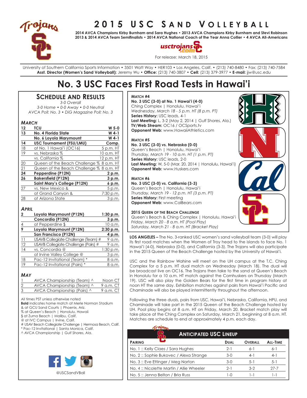 No. 3 USC Faces First Road Tests in Hawai'i