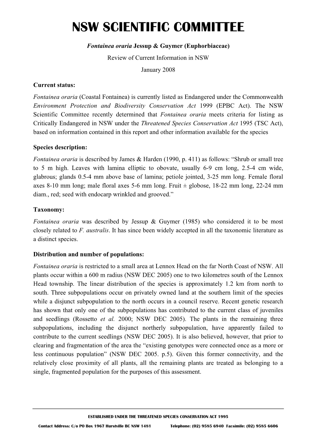 Fontainea Oraria Jessup & Guymer (Euphorbiaceae): Review Of