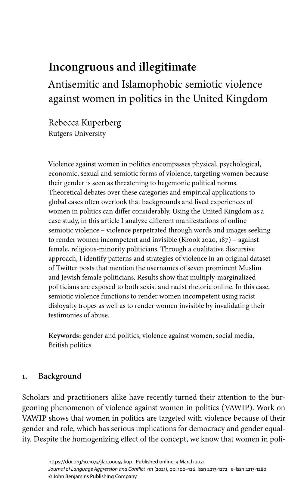 Incongruous and Illegitimate: Antisemitic and Islamophobic Semiotic Violence Against Women in Politics in the United Kingdom