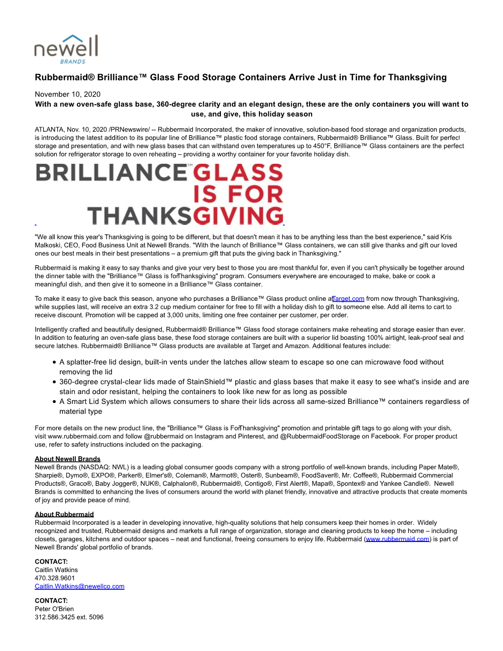 Rubbermaid® Brilliance™ Glass Food Storage Containers Arrive Just in Time for Thanksgiving