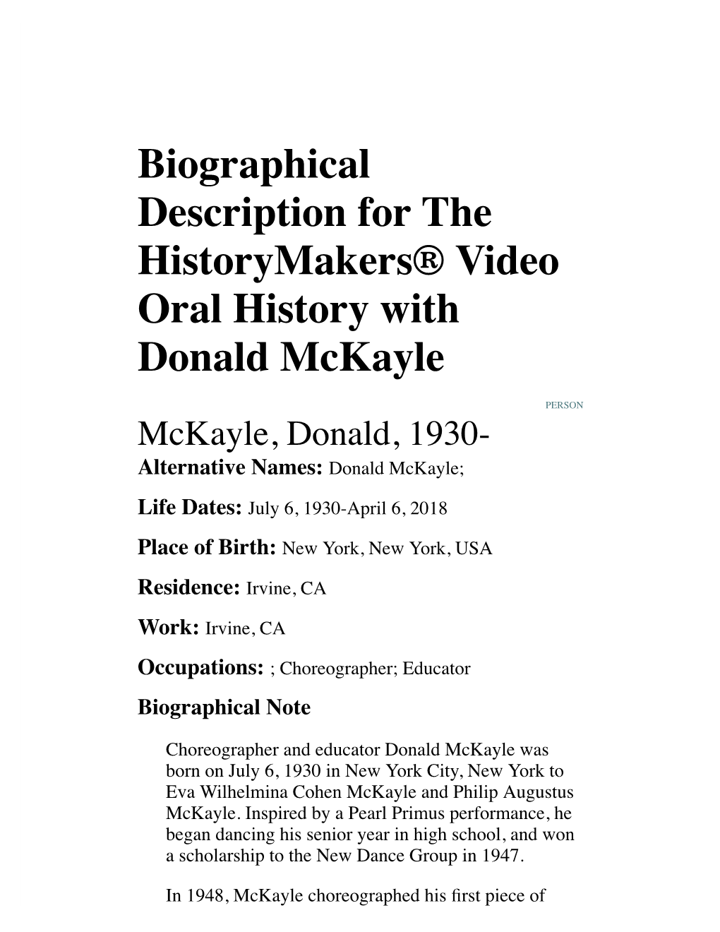 Biographical Description for the Historymakers® Video Oral History with Donald Mckayle