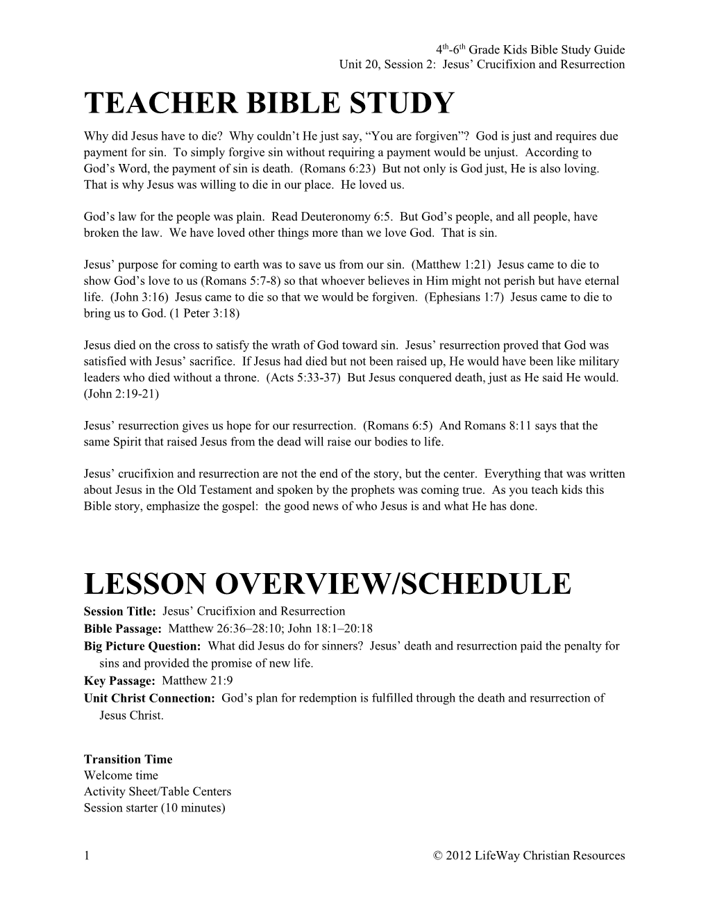 Teacher Bible Study Lesson Overview/Schedule