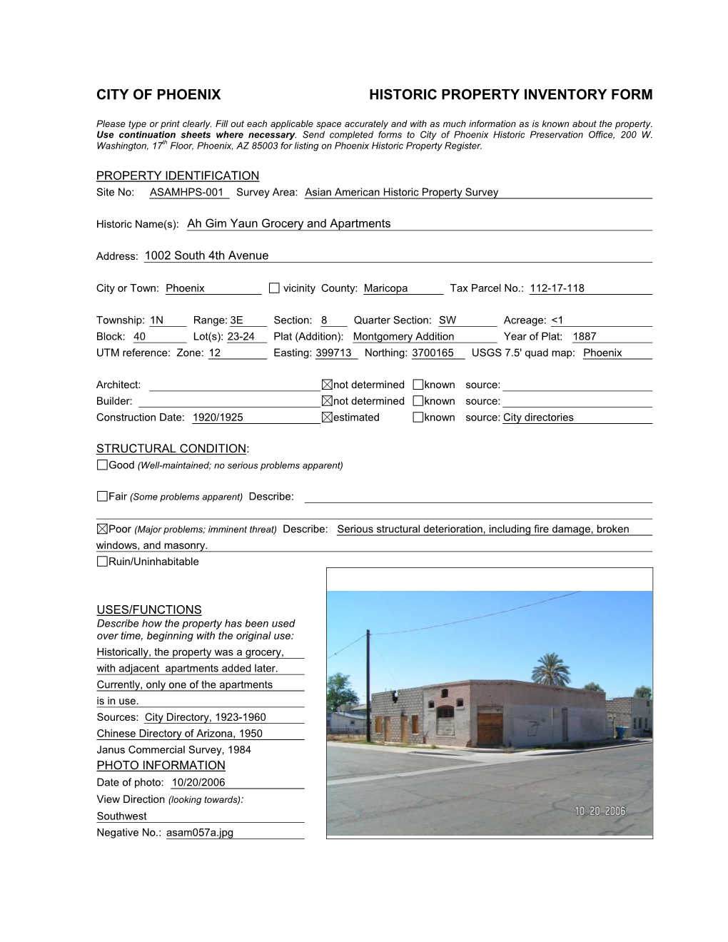 City of Phoenix Historic Property Inventory Form