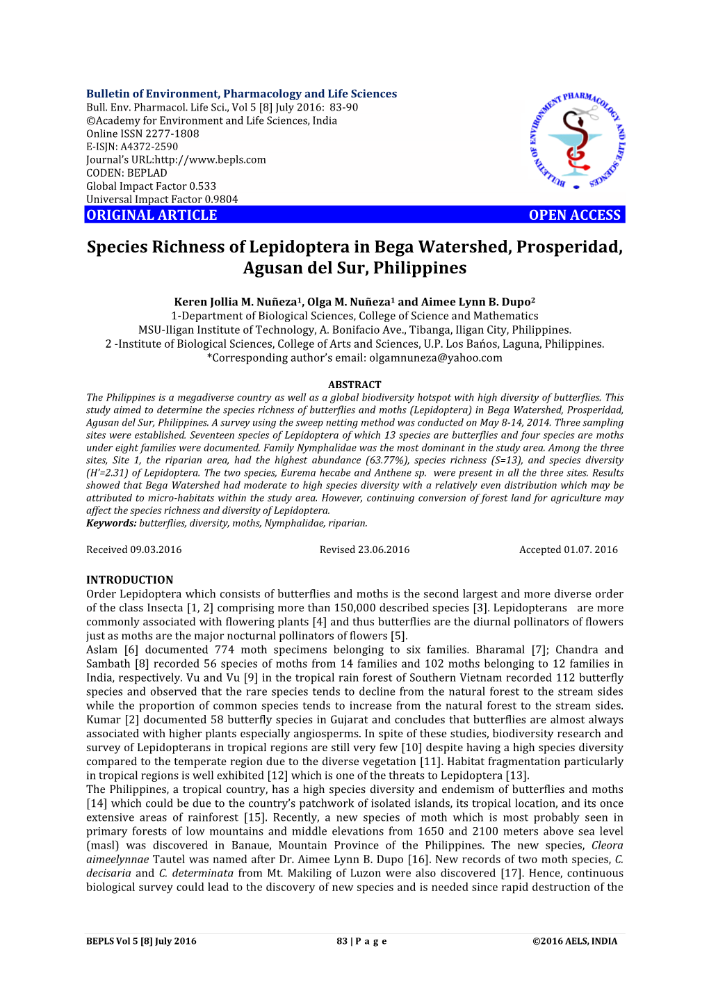 Species Richness of Lepidoptera in Bega Watershed, Prosperidad, Agusan Del Sur, Philippines