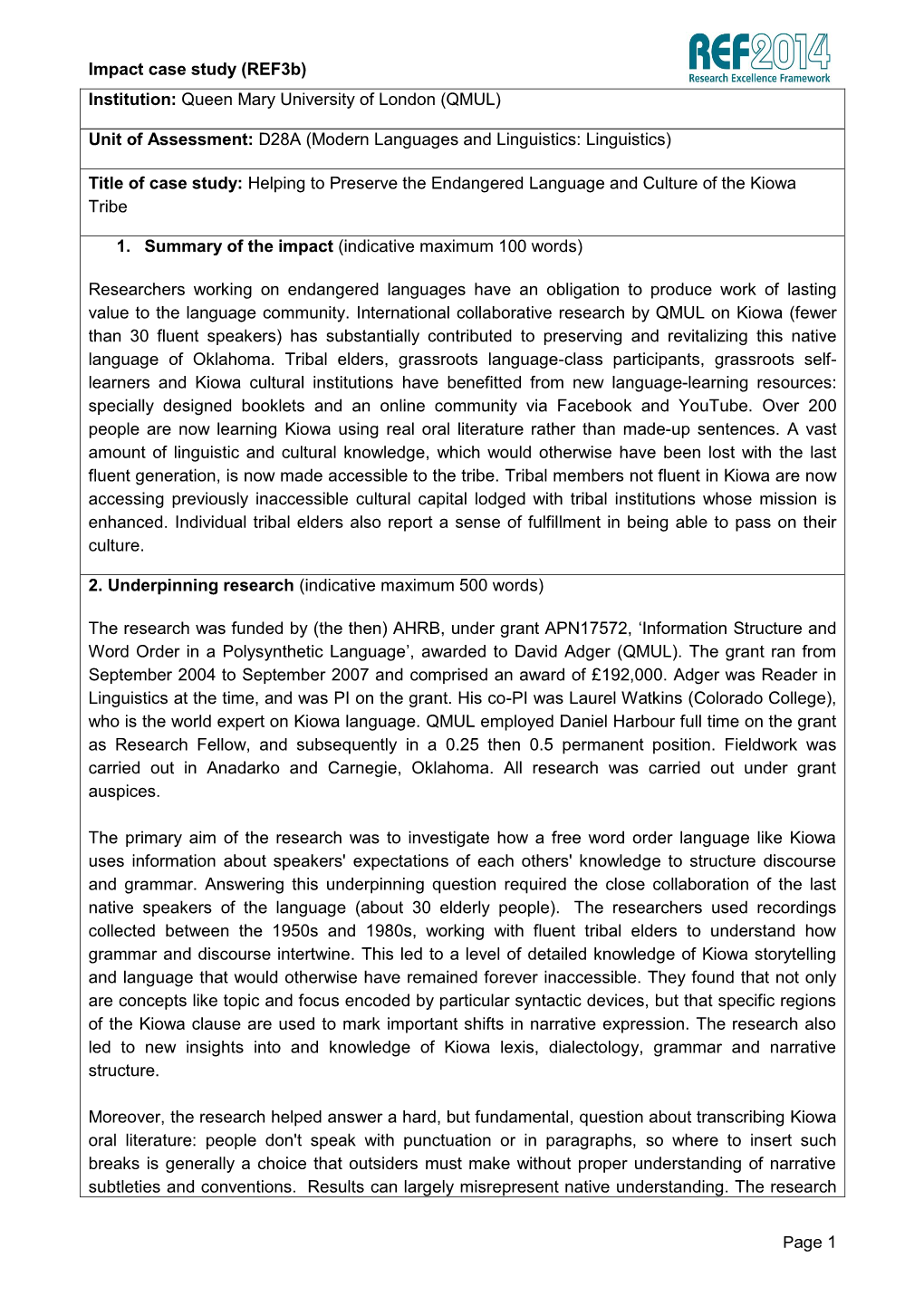 Impact Case Study (Ref3b) Page 1 Institution: Queen Mary University Of