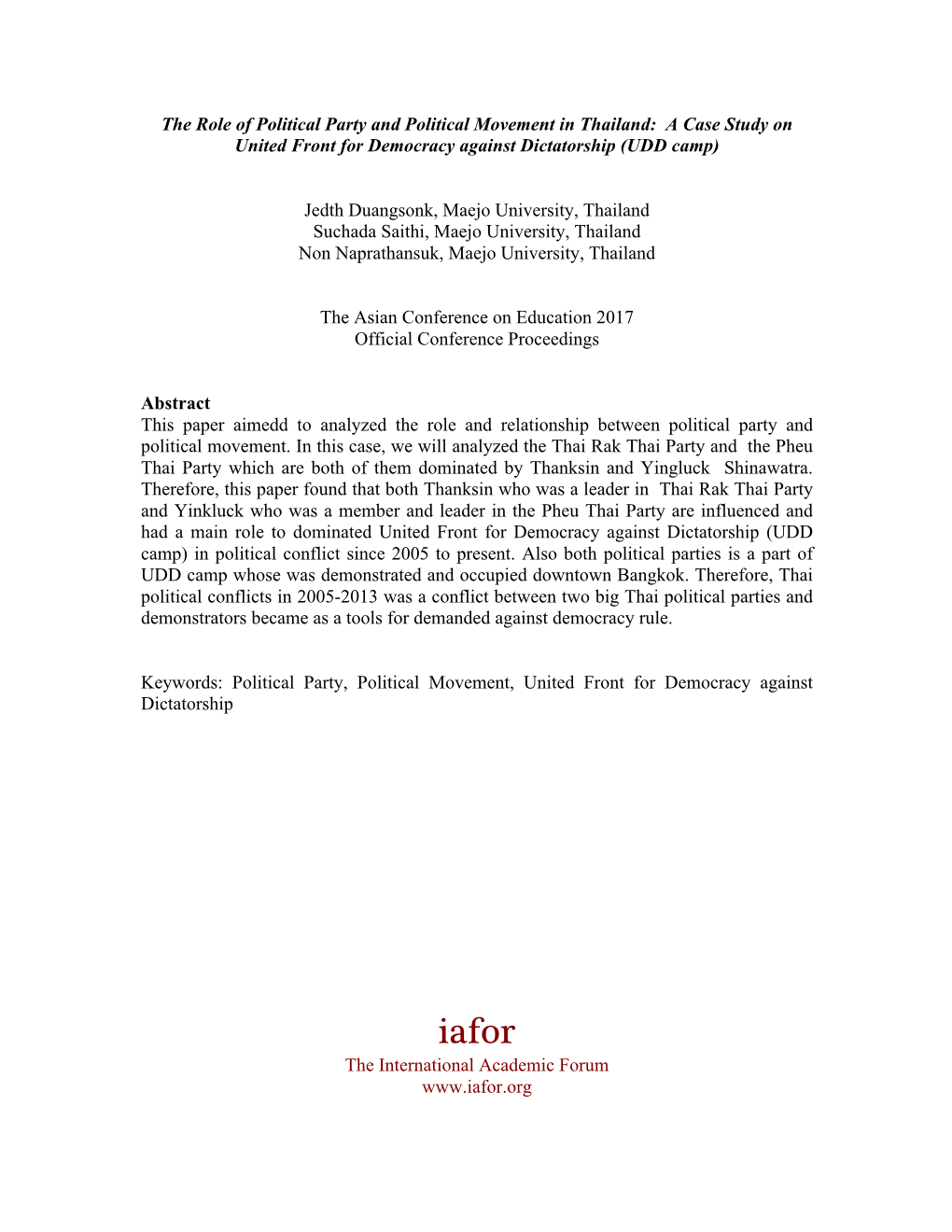 The Role of Political Party and Political Movement in Thailand: a Case Study on United Front for Democracy Against Dictatorship (UDD Camp)