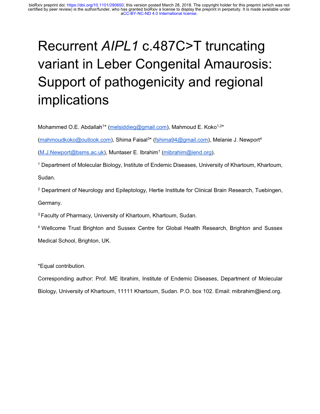 Recurrent AIPL1 C.487C&gt;T Truncating Variant in Leber Congenital