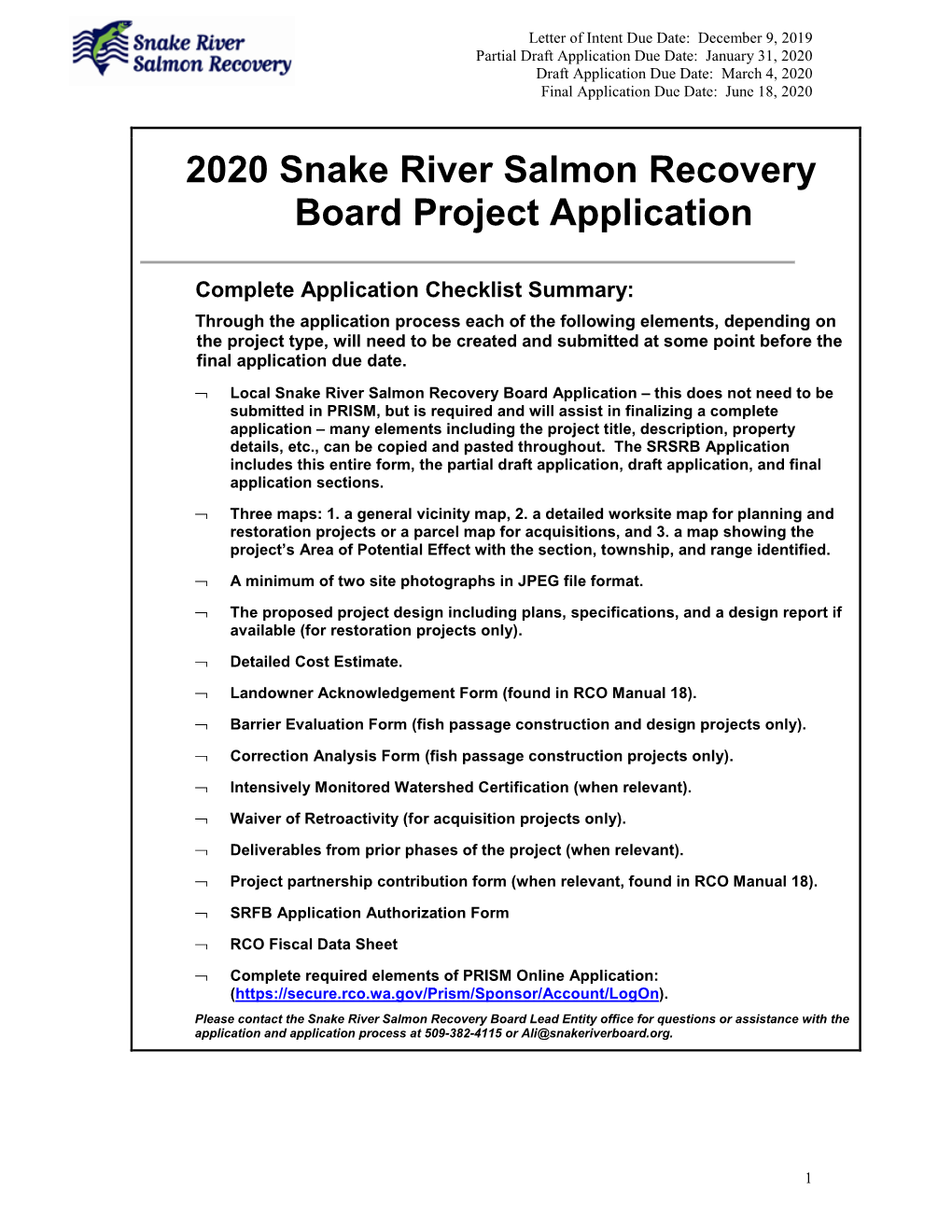 2020 Snake River Salmon Recovery Board Project Application