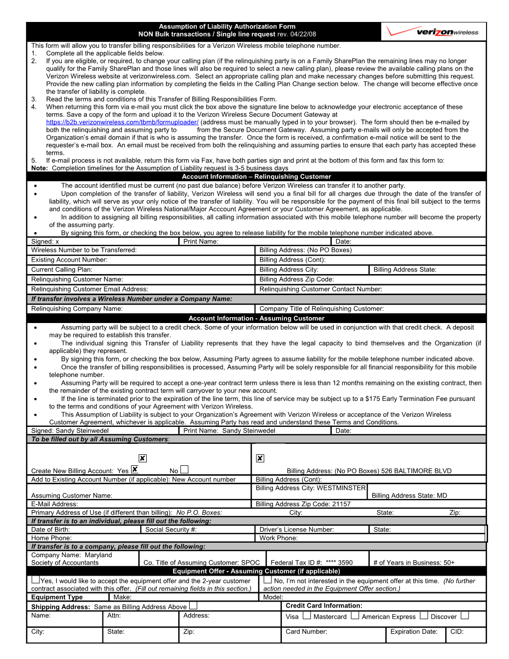 Assumption Of Liability Authorization Form