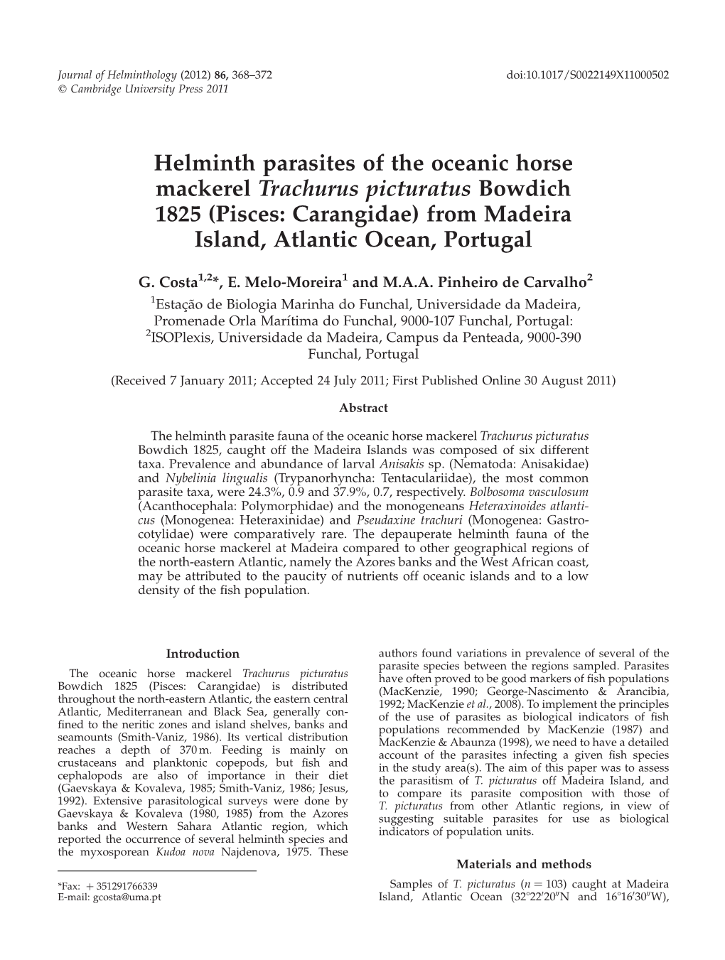 Helminth Parasites of the Oceanic Horse Mackerel Trachurus Picturatus Bowdich 1825 (Pisces: Carangidae) from Madeira Island, Atlantic Ocean, Portugal