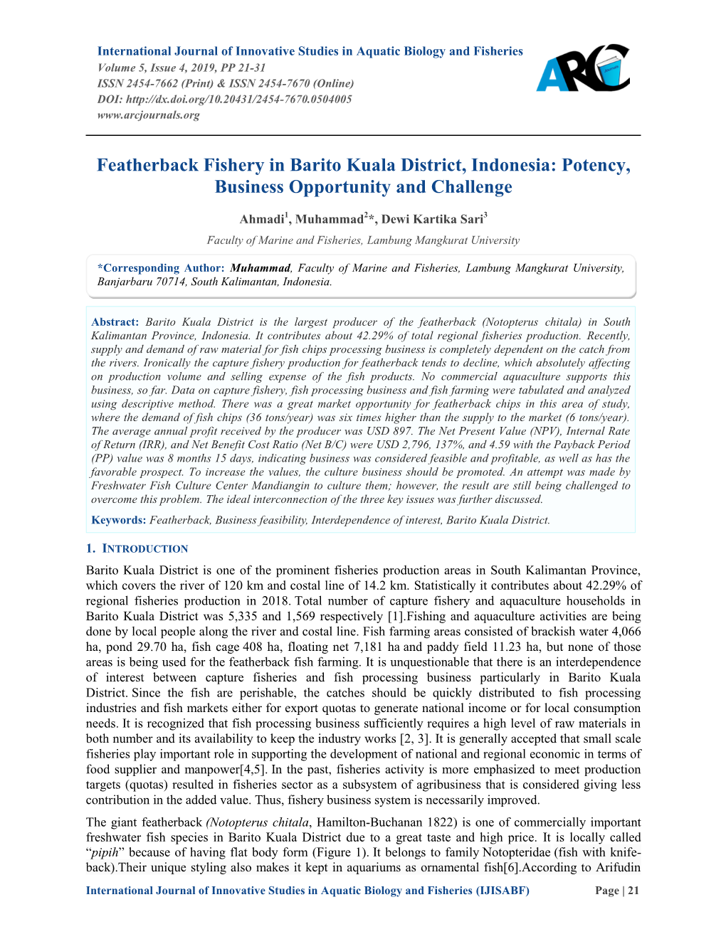 Featherback Fishery in Barito Kuala District, Indonesia: Potency, Business Opportunity and Challenge