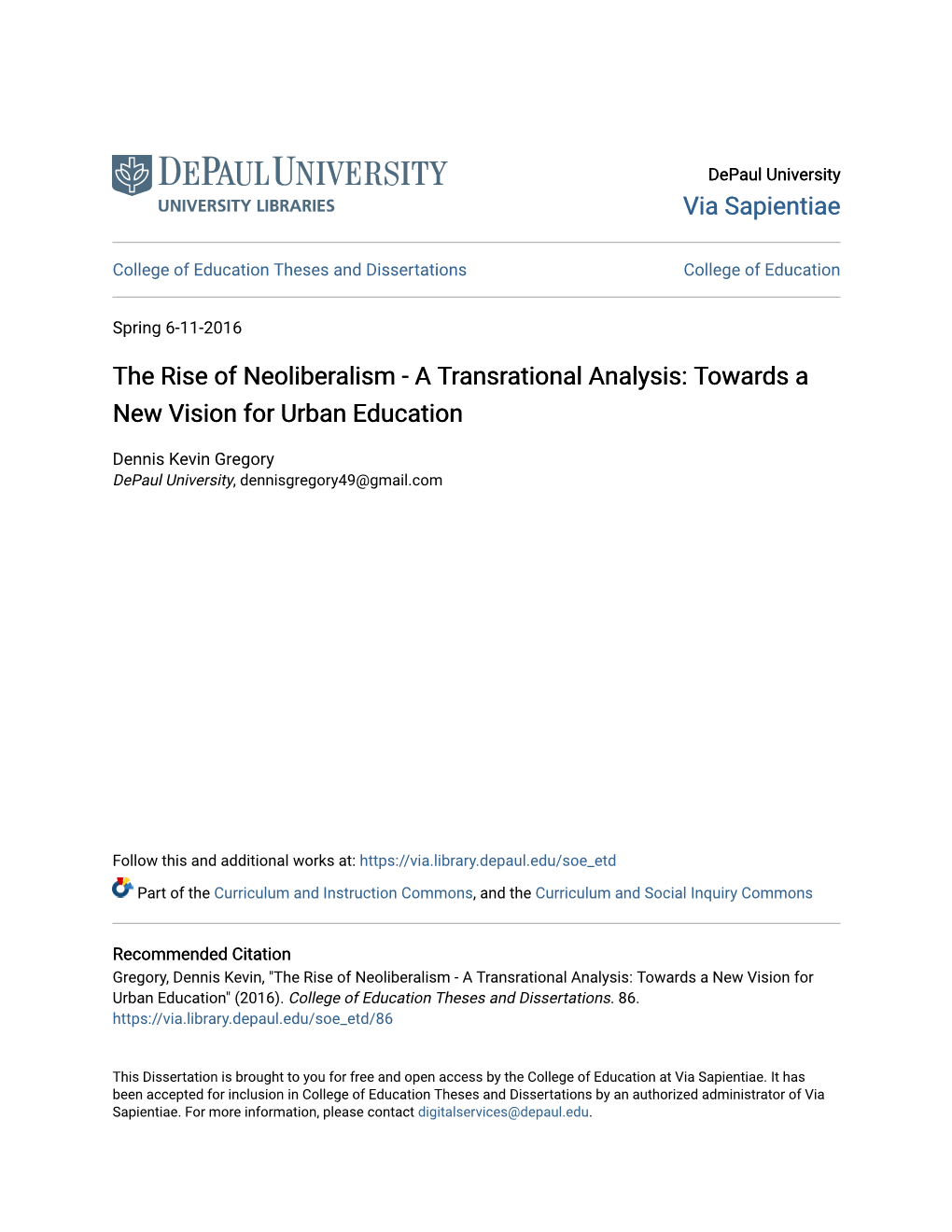 The Rise of Neoliberalism - a Transrational Analysis: Towards a New Vision for Urban Education