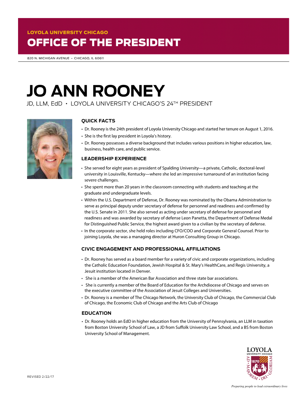 JO ANN ROONEY JD, LLM, Edd • LOYOLA UNIVERSITY CHICAGO’S 24TH PRESIDENT