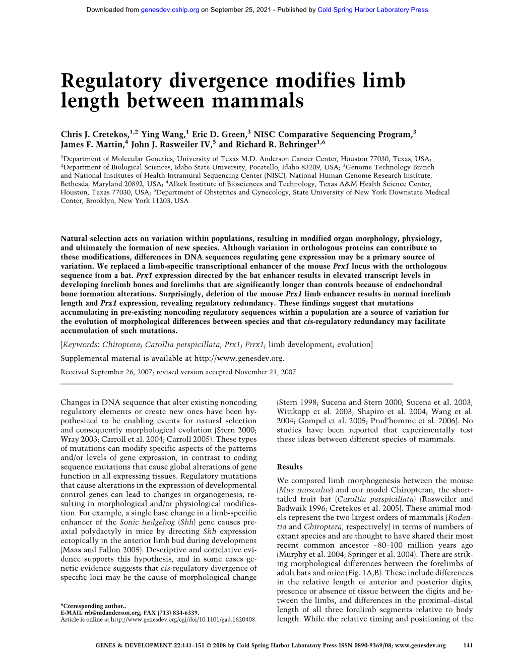 Regulatory Divergence Modifies Limb Length Between Mammals