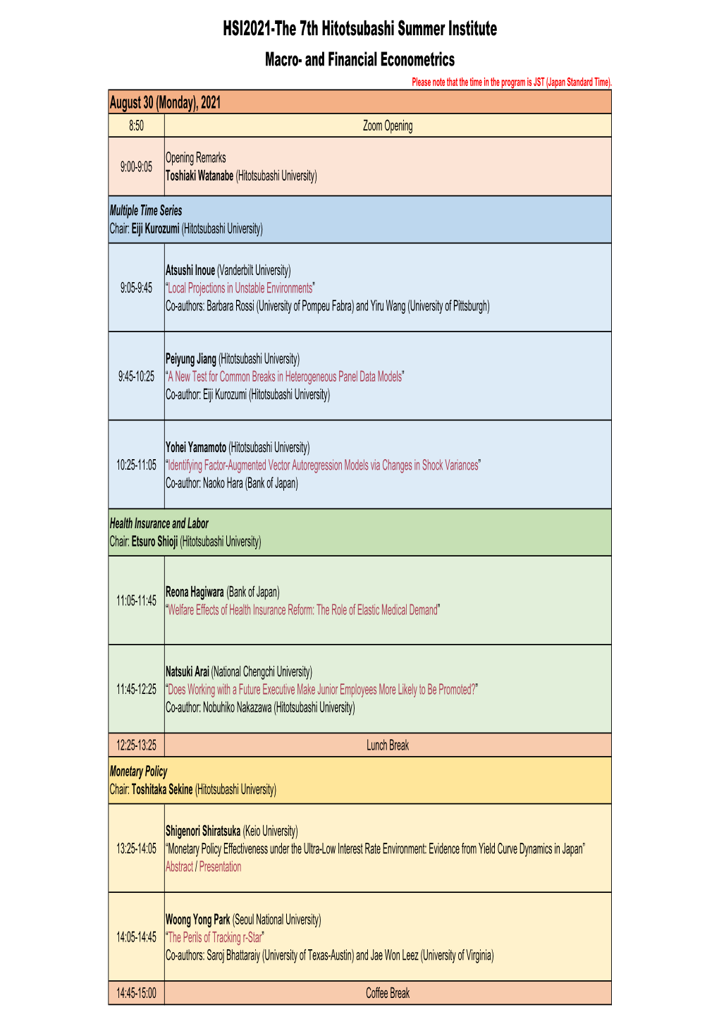 HSI2021-The 7Th Hitotsubashi Summer Institute Macro- and Financial Econometrics Please Note That the Time in the Program Is JST (Japan Standard Time)