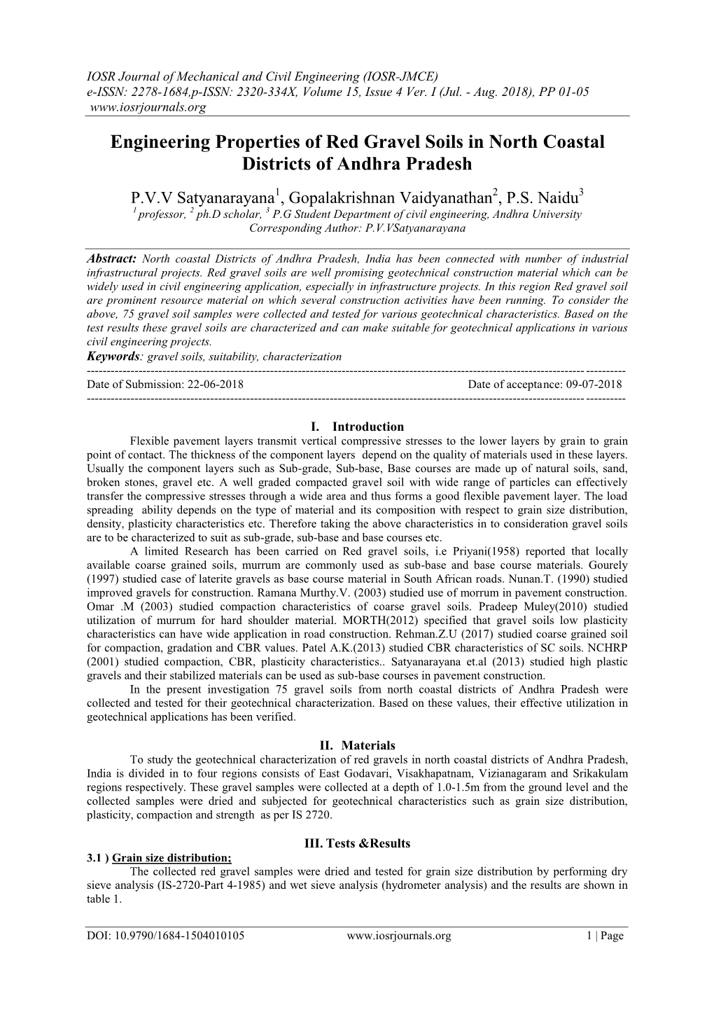 Engineering Properties of Red Gravel Soils in North Coastal Districts of Andhra Pradesh