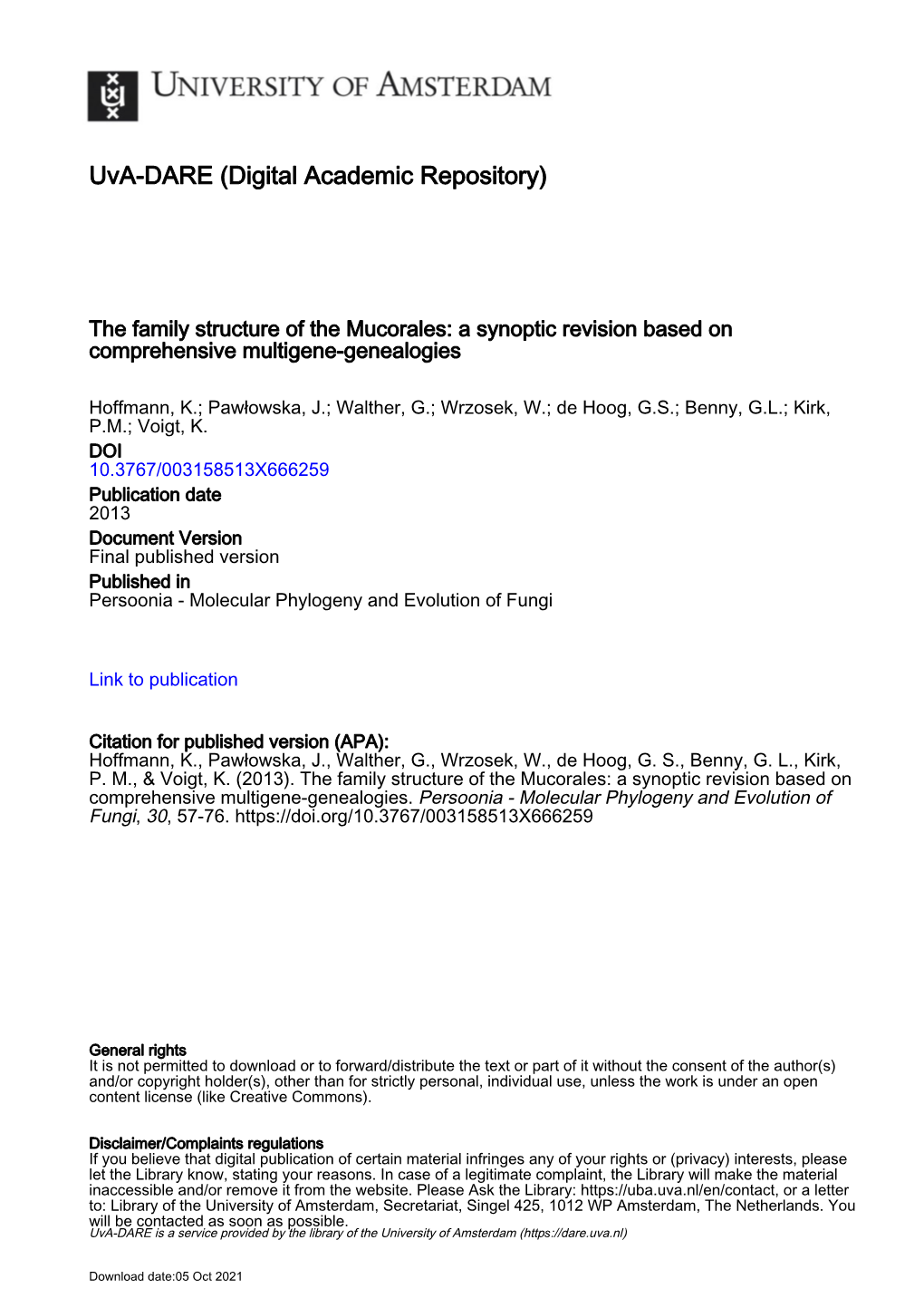 The Family Structure of the <I>Mucorales</I>: a Synoptic