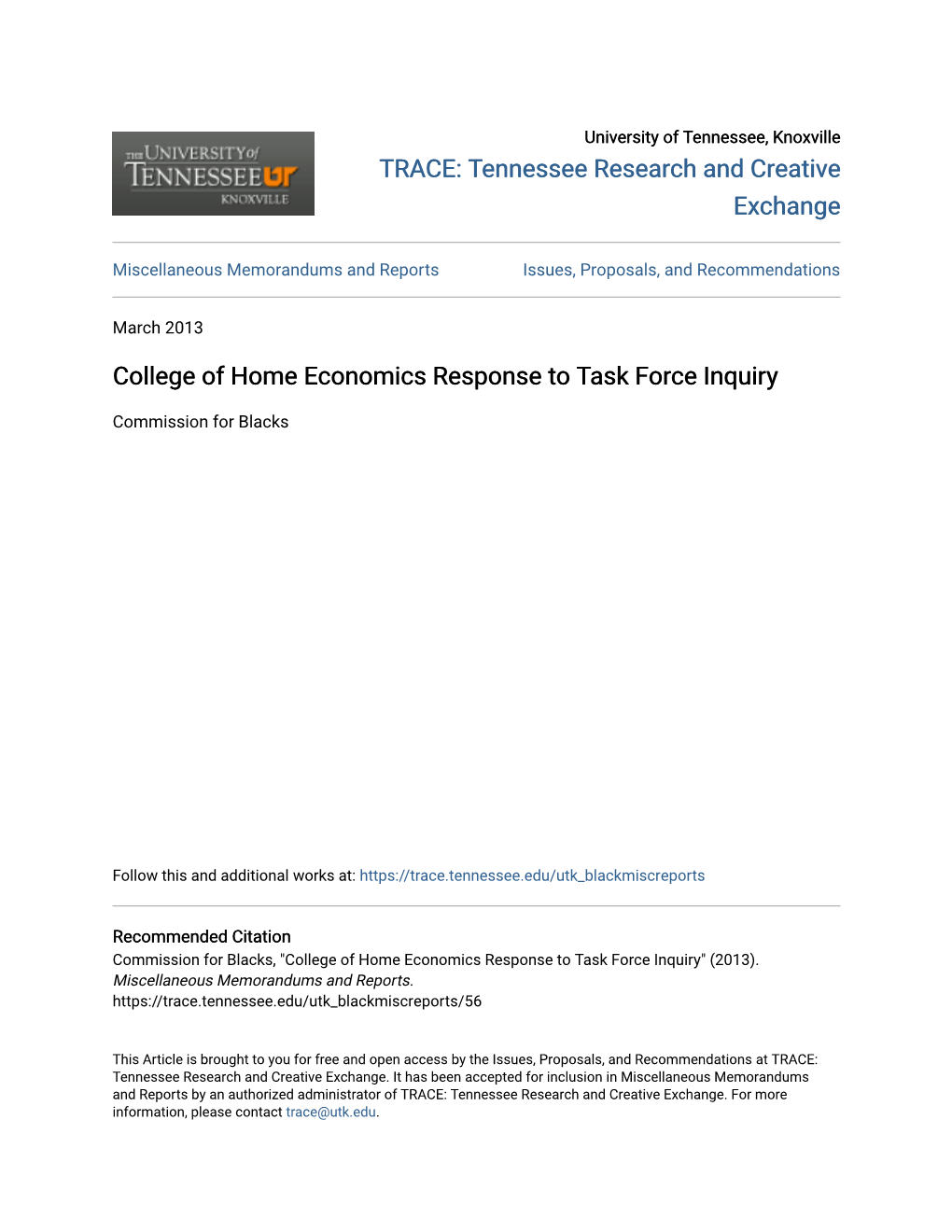 College of Home Economics Response to Task Force Inquiry