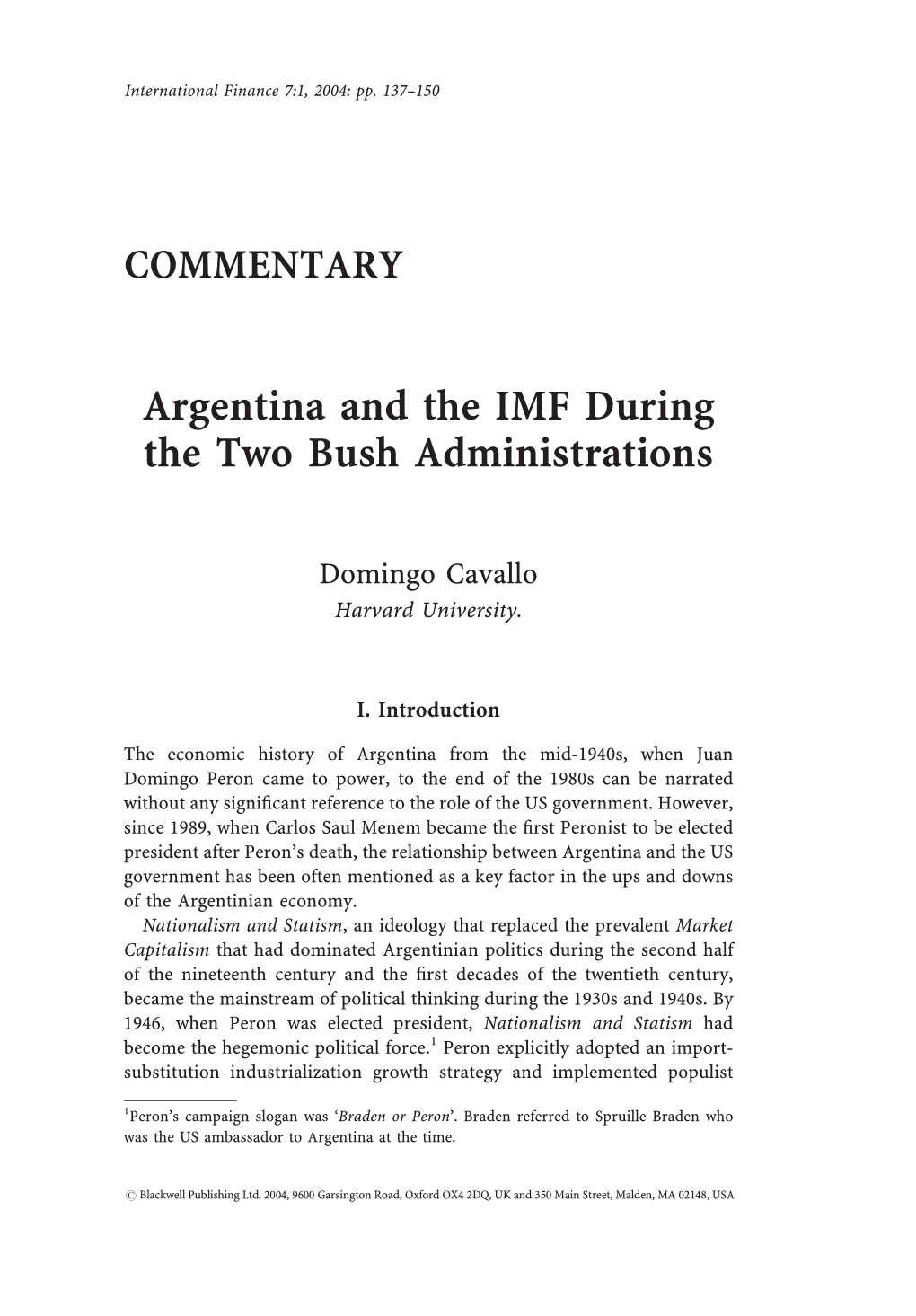 Argentina and the IMF During the Two Bush Administrations