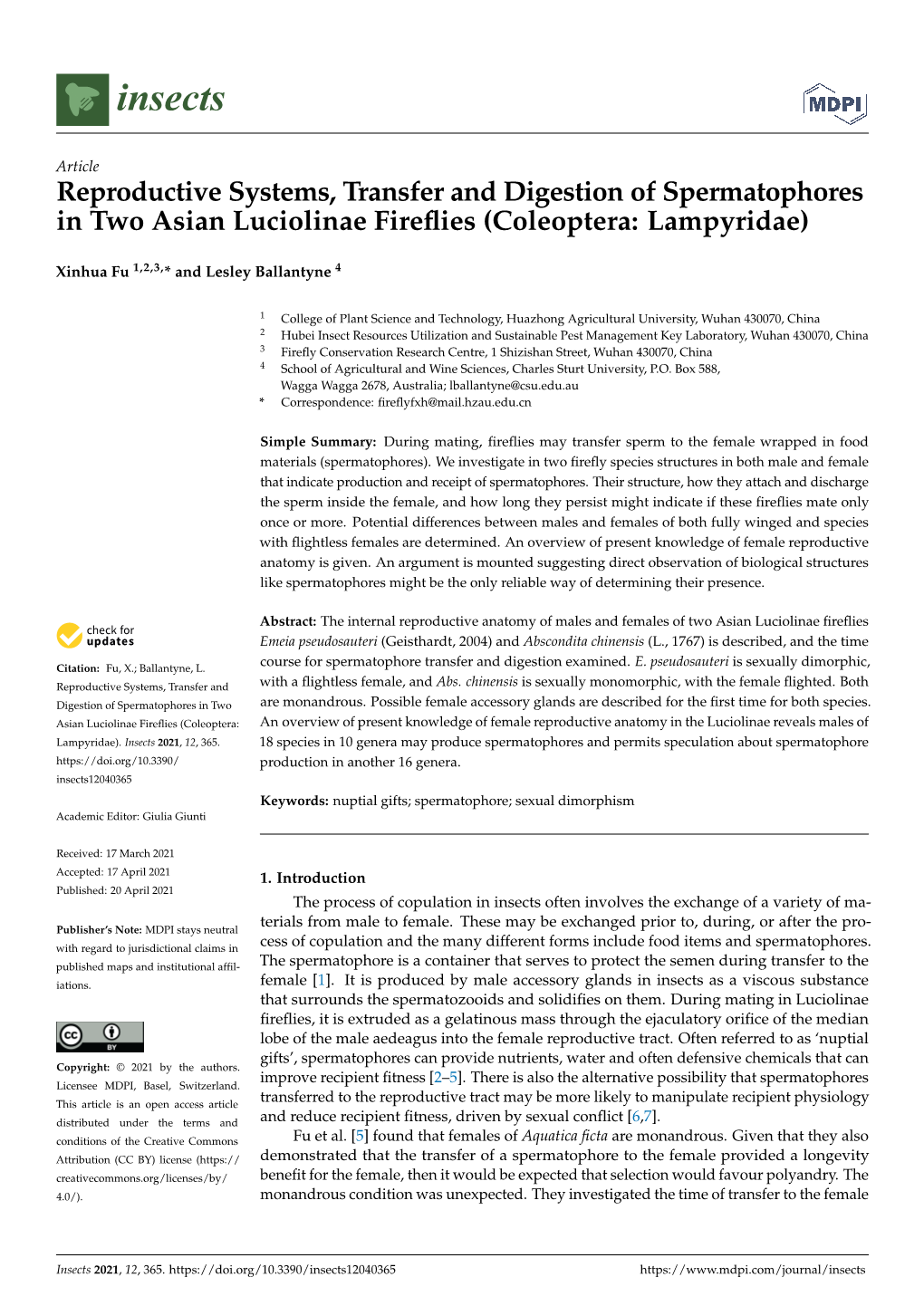 Reproductive Systems, Transfer and Digestion of Spermatophores in Two Asian Luciolinae Fireﬂies (Coleoptera: Lampyridae)