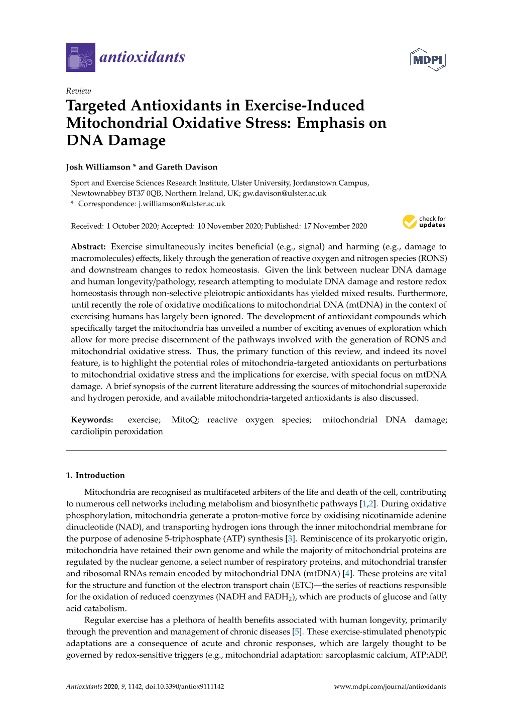 Targeted Antioxidants in Exercise-Induced Mitochondrial Oxidative Stress: Emphasis on DNA Damage