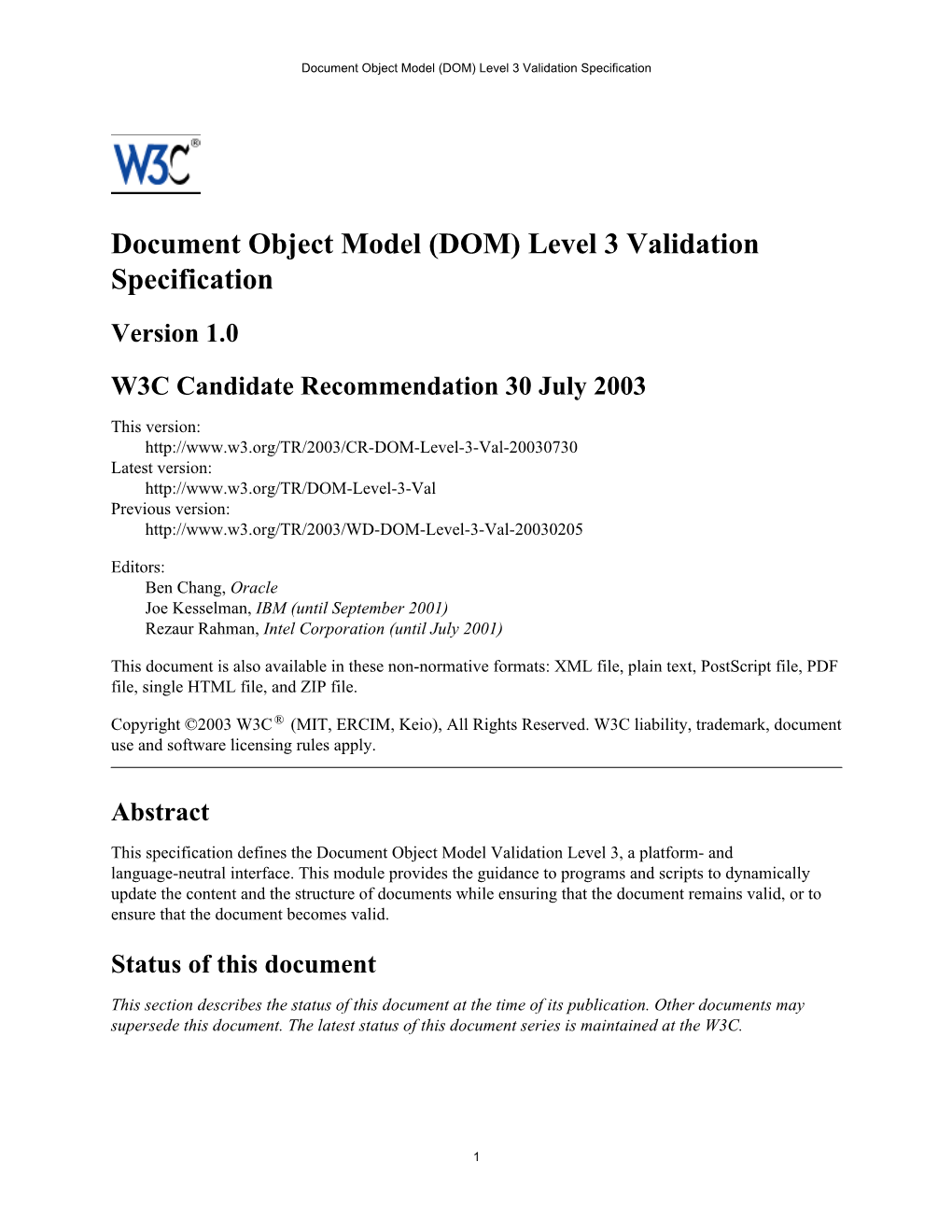 Document Object Model †DOM‡ Level 3 Validation Specification