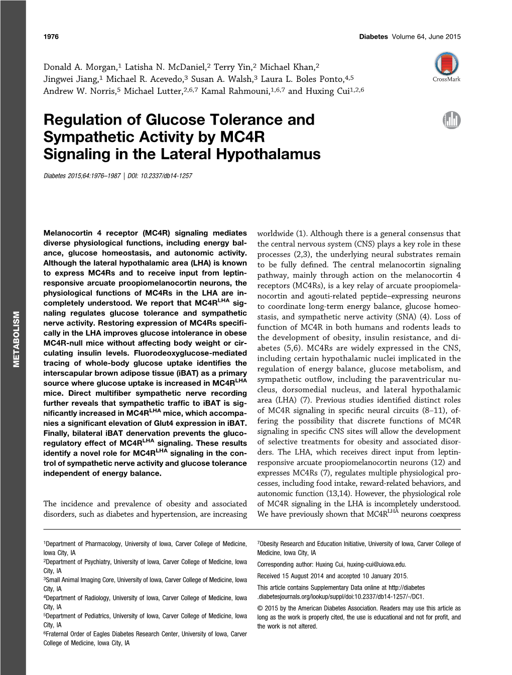Regulation of Glucose Tolerance and Sympathetic Activity by MC4R Signaling in the Lateral Hypothalamus
