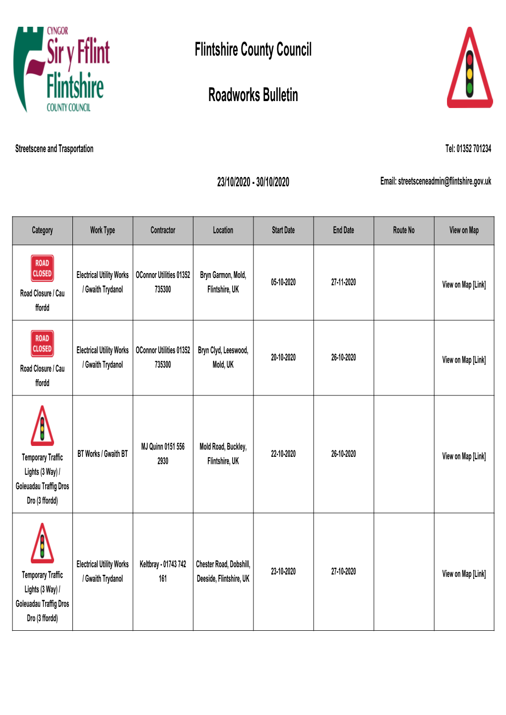 Flintshire County Council Roadworks Bulletin