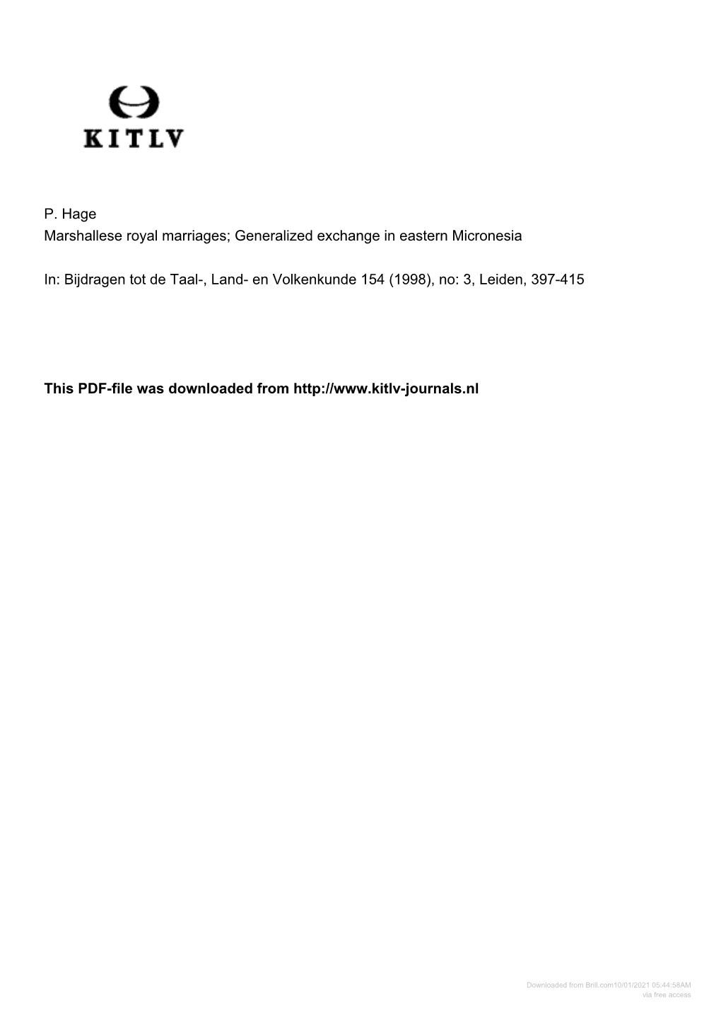 P. Hage Marshallese Royal Marriages; Generalized Exchange in Eastern Micronesia