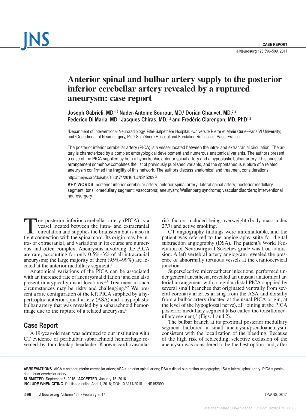 Anterior Spinal and Bulbar Artery Supply to the Posterior Inferior Cerebellar Artery Revealed by a Ruptured Aneurysm: Case Report