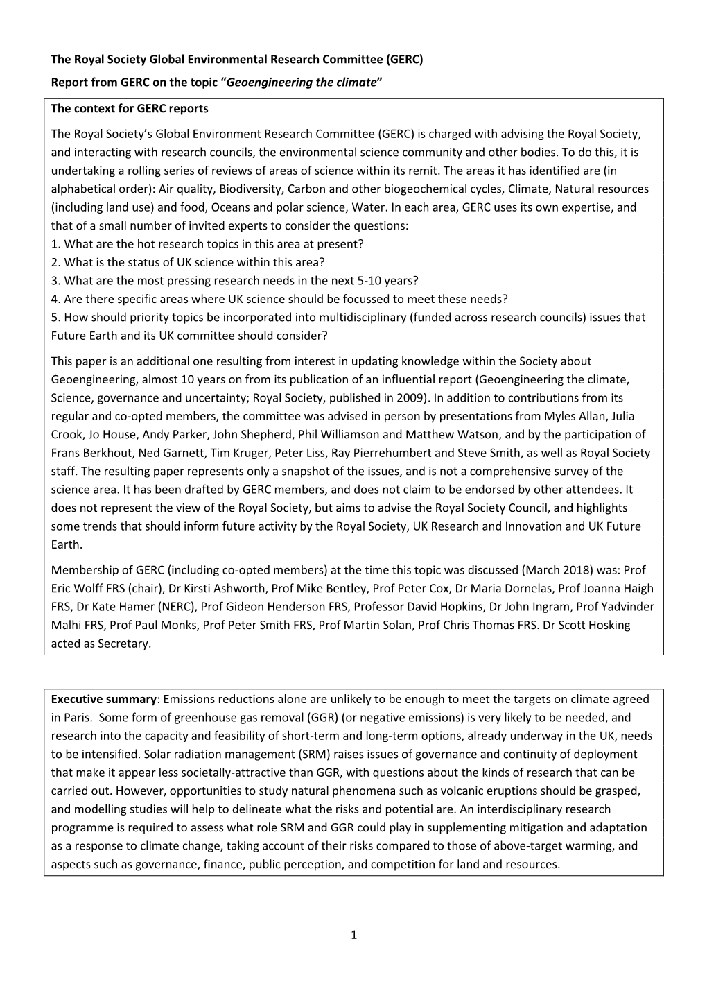 1 the Royal Society Global Environmental Research Committee (GERC) Report from GERC on the Topic “Geoengineering the Climate T