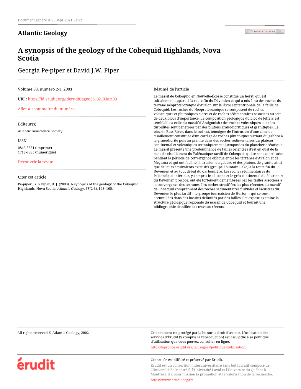 A Synopsis of the Geology of the Cobequid Highlands, Nova Scotia Georgia Pe-Piper Et David J.W