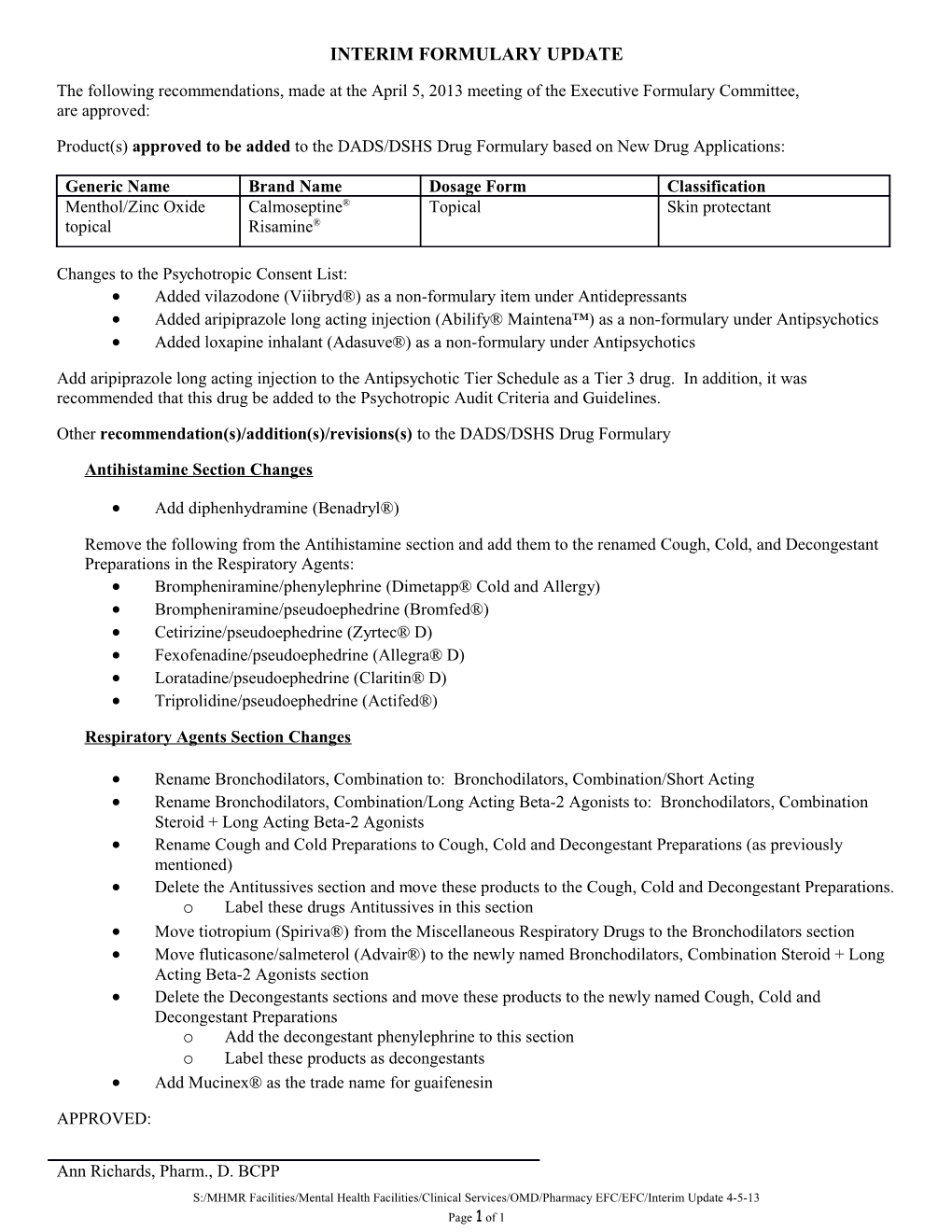 Interim Formulary Update