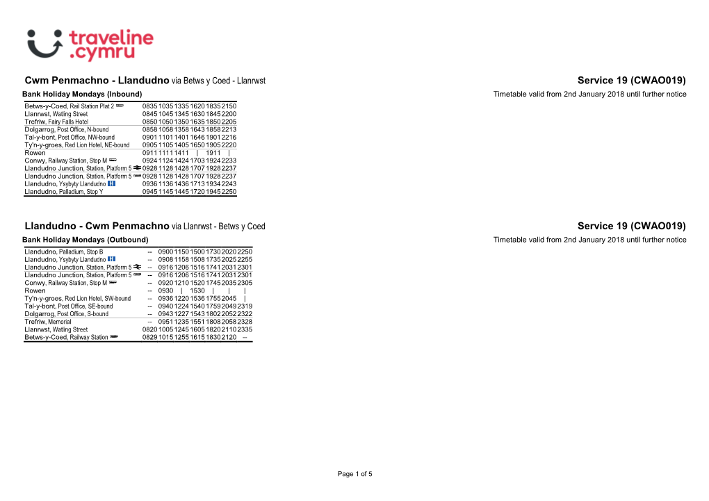 Traveline Cymru A4 Landscape Timetable