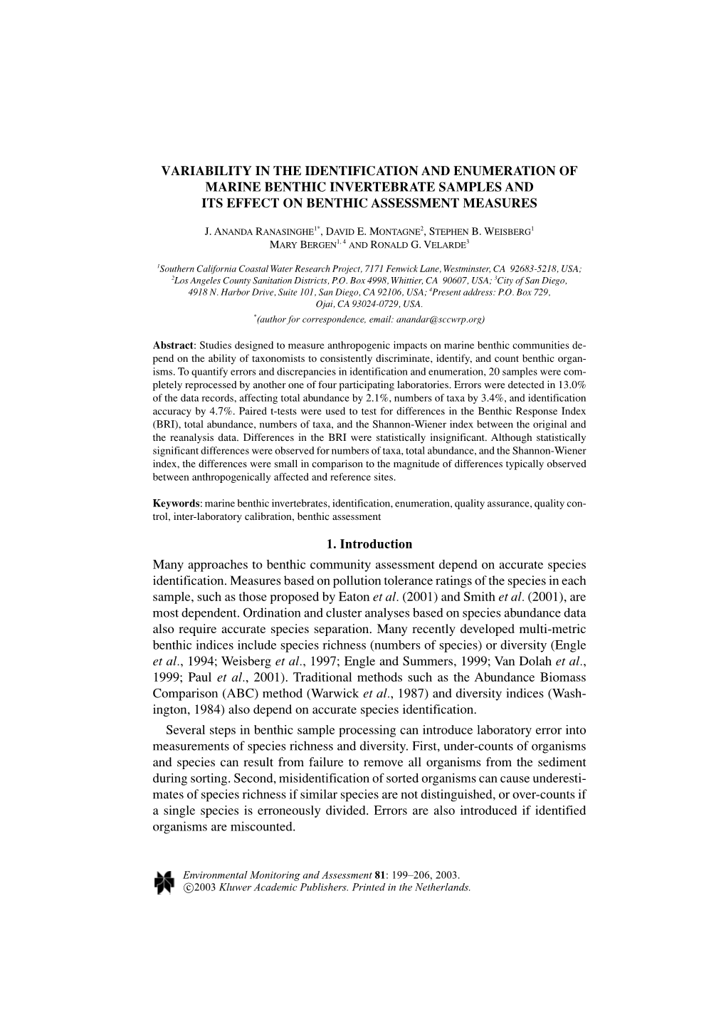 Variability in the Identification and Enumeration of Marine Benthic Invertebrate Samples and Its Effect on Benthic Assessment Measures