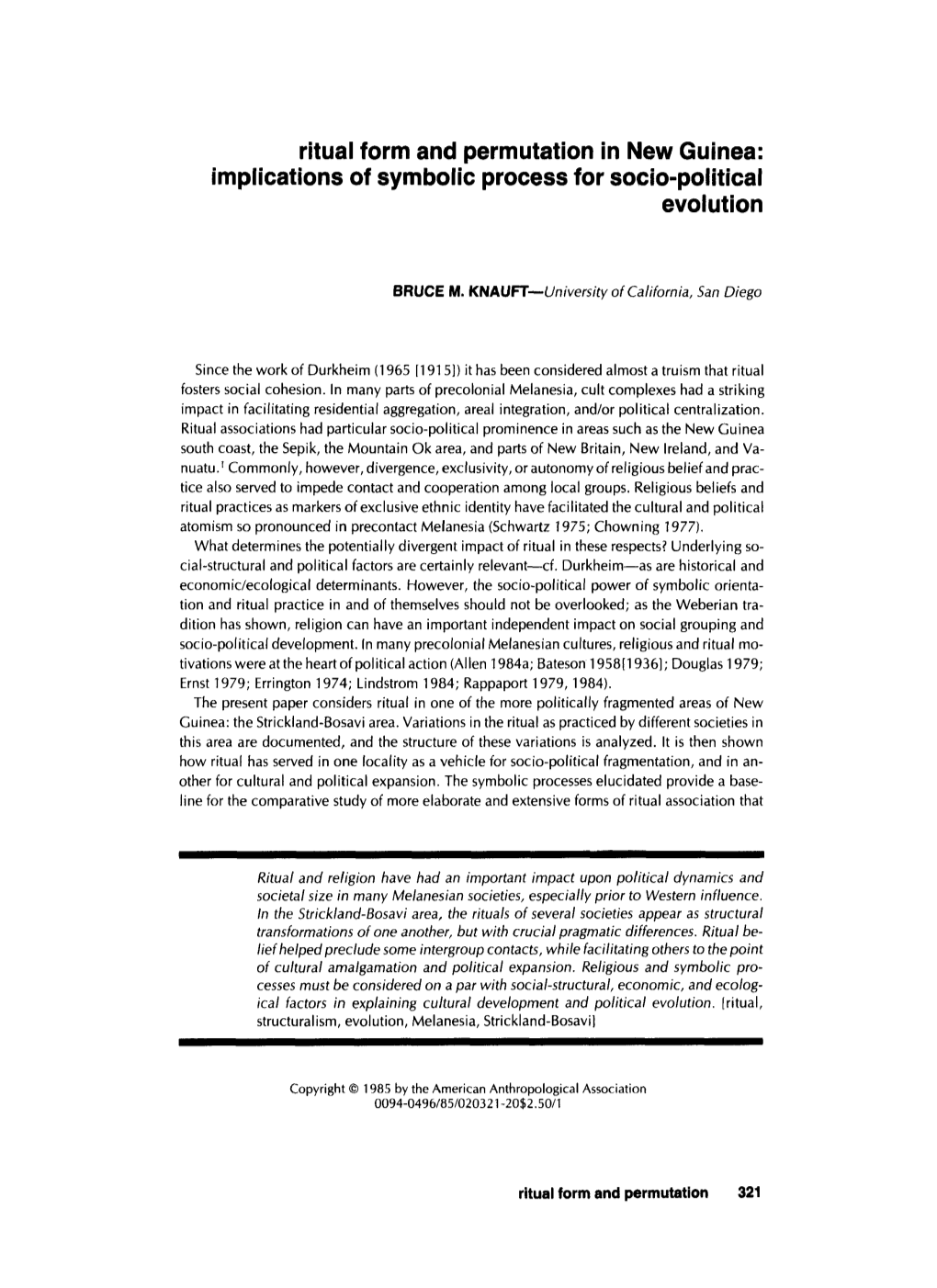 Ritual Form and Permutation in New Guinea: Implications of Symbolic Process for Socio-Political Evolution