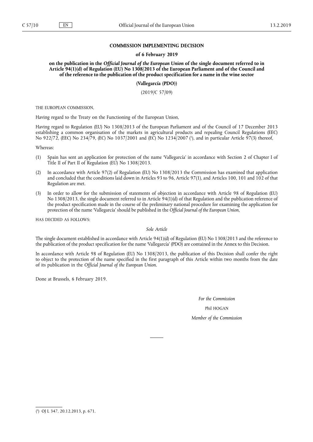 Commission Implementing Decision of 6 February 2019 on the Publication