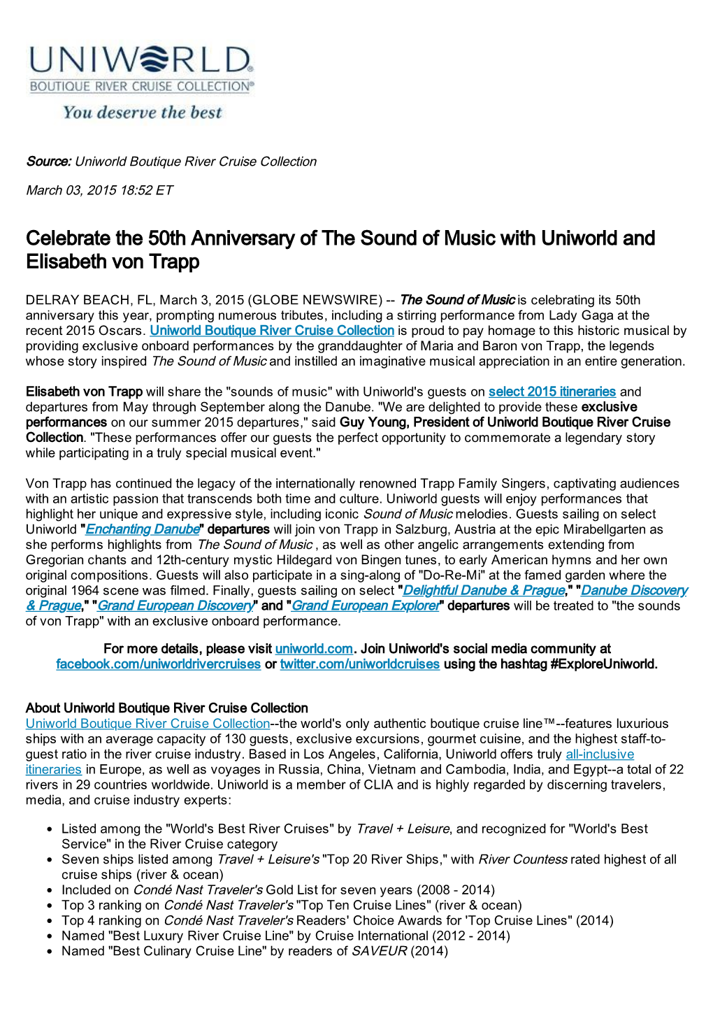 Celebrate the 50Th Anniversary of the Sound of Music with Uniworld and Elisabeth Von Trapp