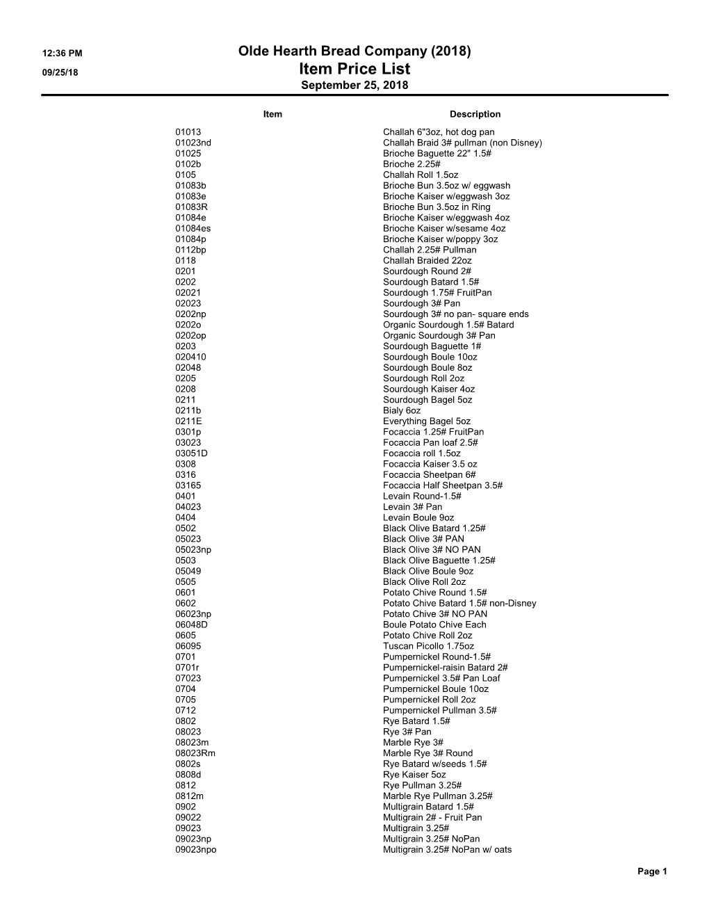 Item Price List September 25, 2018