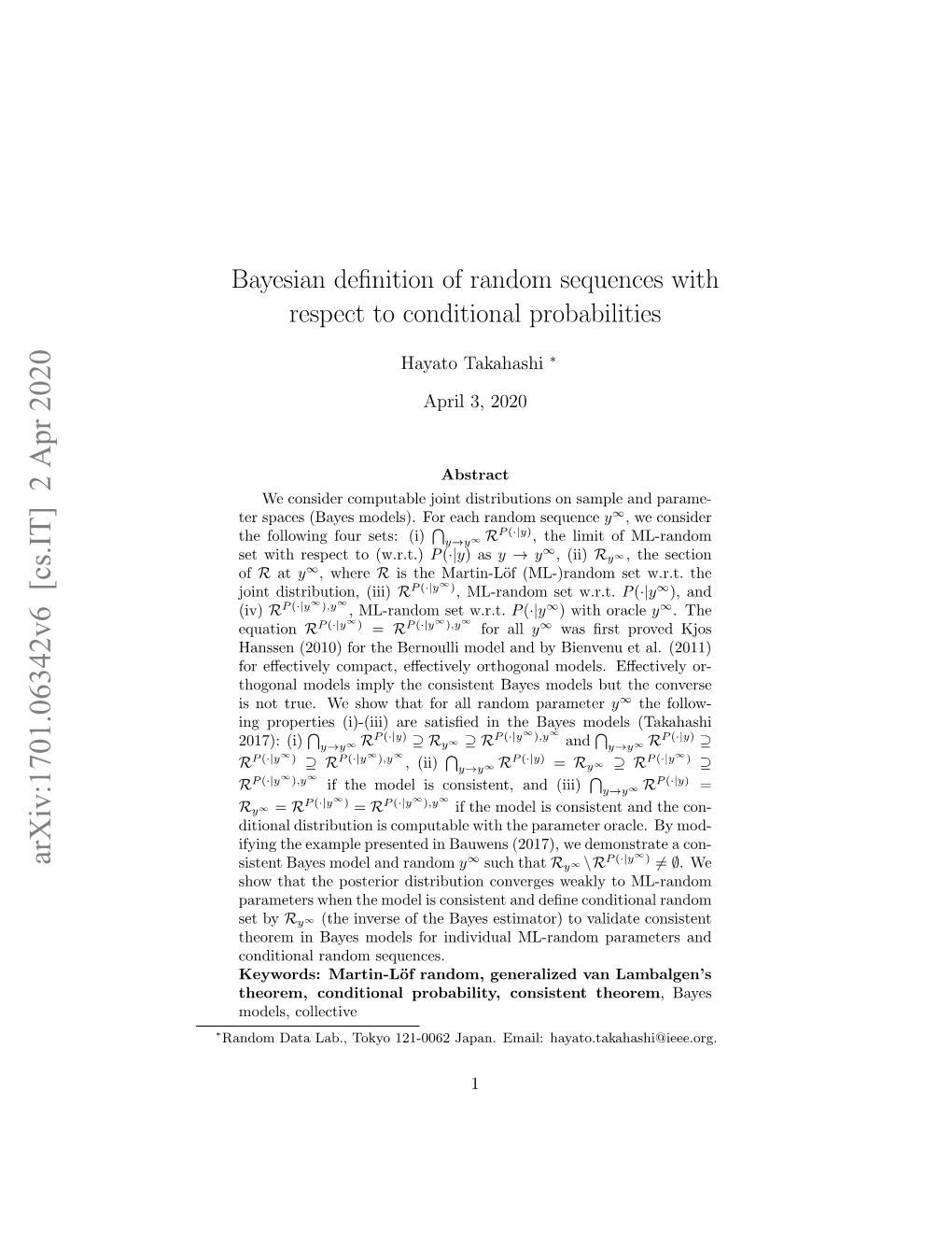 Bayesian Definition of Random Sequences with Respect to Conditional Probabilities