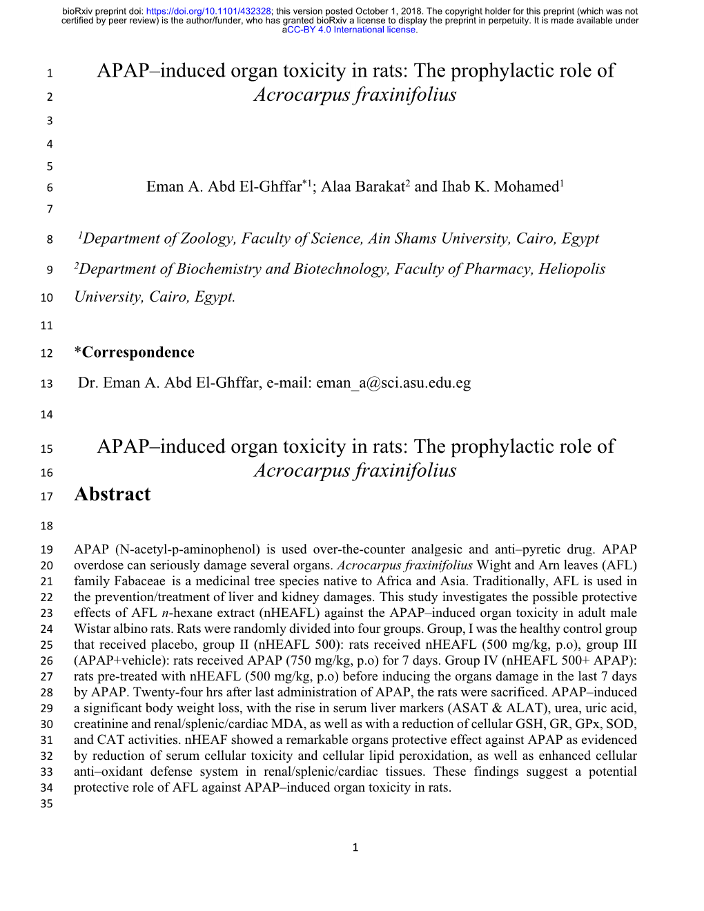 APAP–Induced Organ Toxicity in Rats: the Prophylactic Role of Acrocarpus