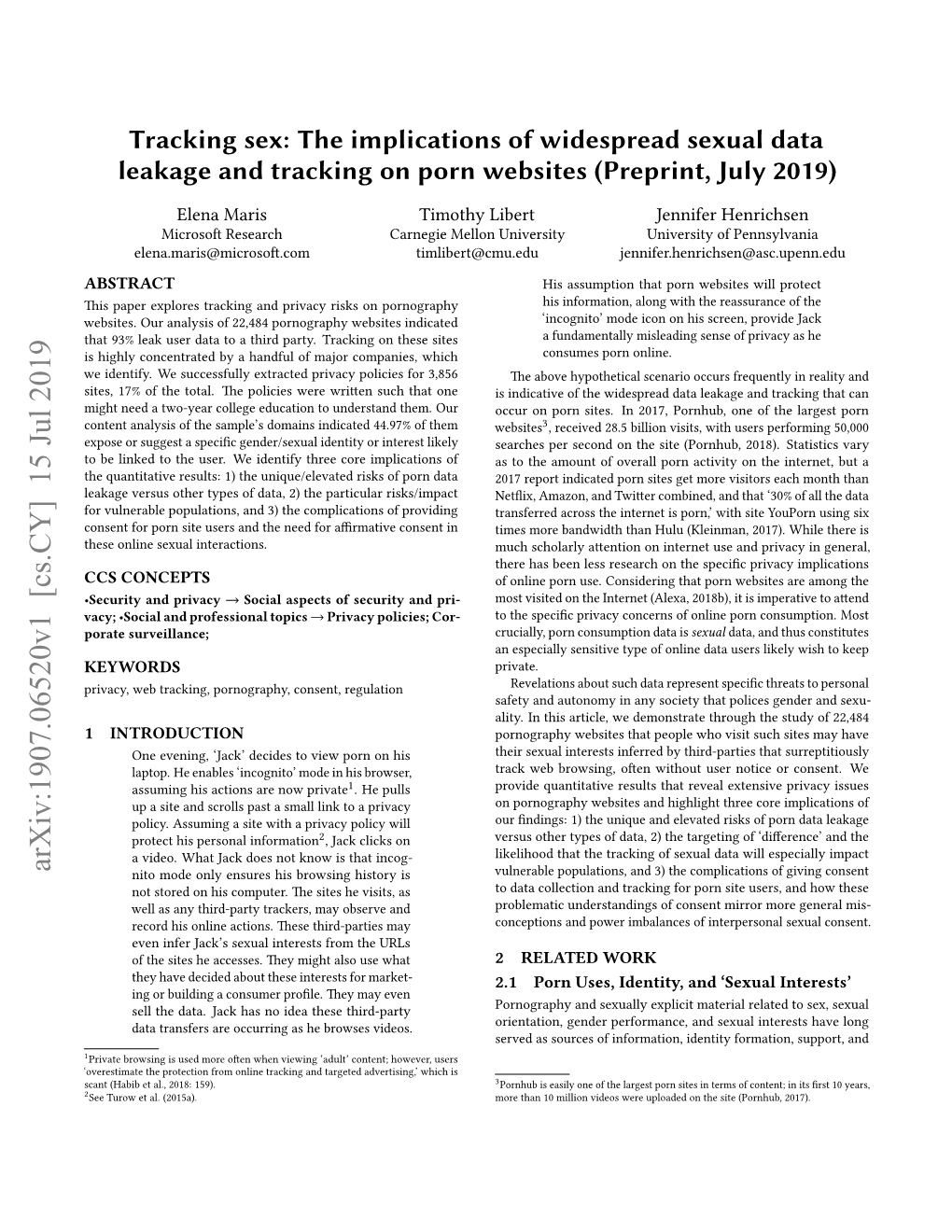 The Implications of Widespread Sexual Data Leakage and Tracking on Porn Websites (Preprint, July 2019)