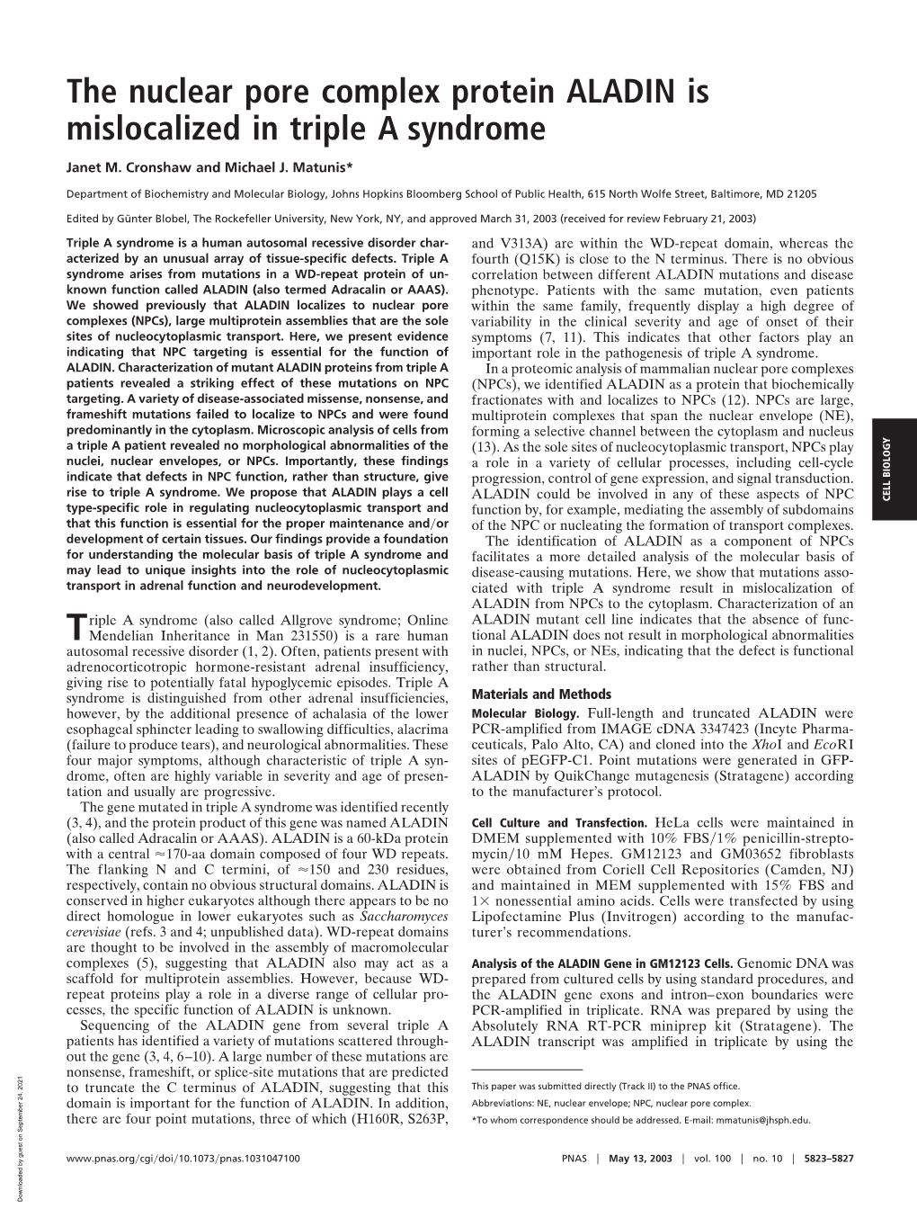 The Nuclear Pore Complex Protein ALADIN Is Mislocalized in Triple a Syndrome