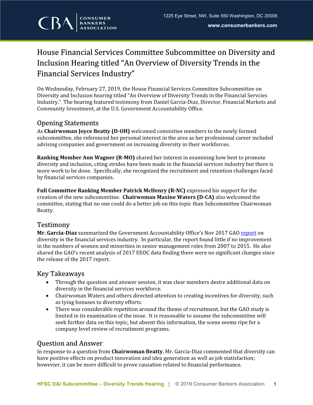 House Financial Services Committee Subcommittee on Diversity and Inclusion Hearing Titled “An Overview of Diversity Trends in the Financial Services Industry”