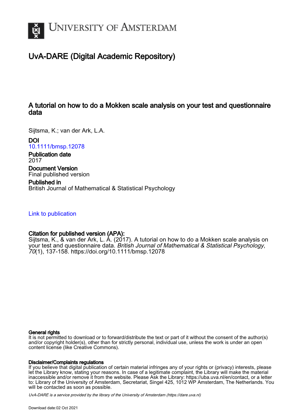 A Tutorial on How to Do a Mokken Scale Analysis on Your Test and Questionnaire Data