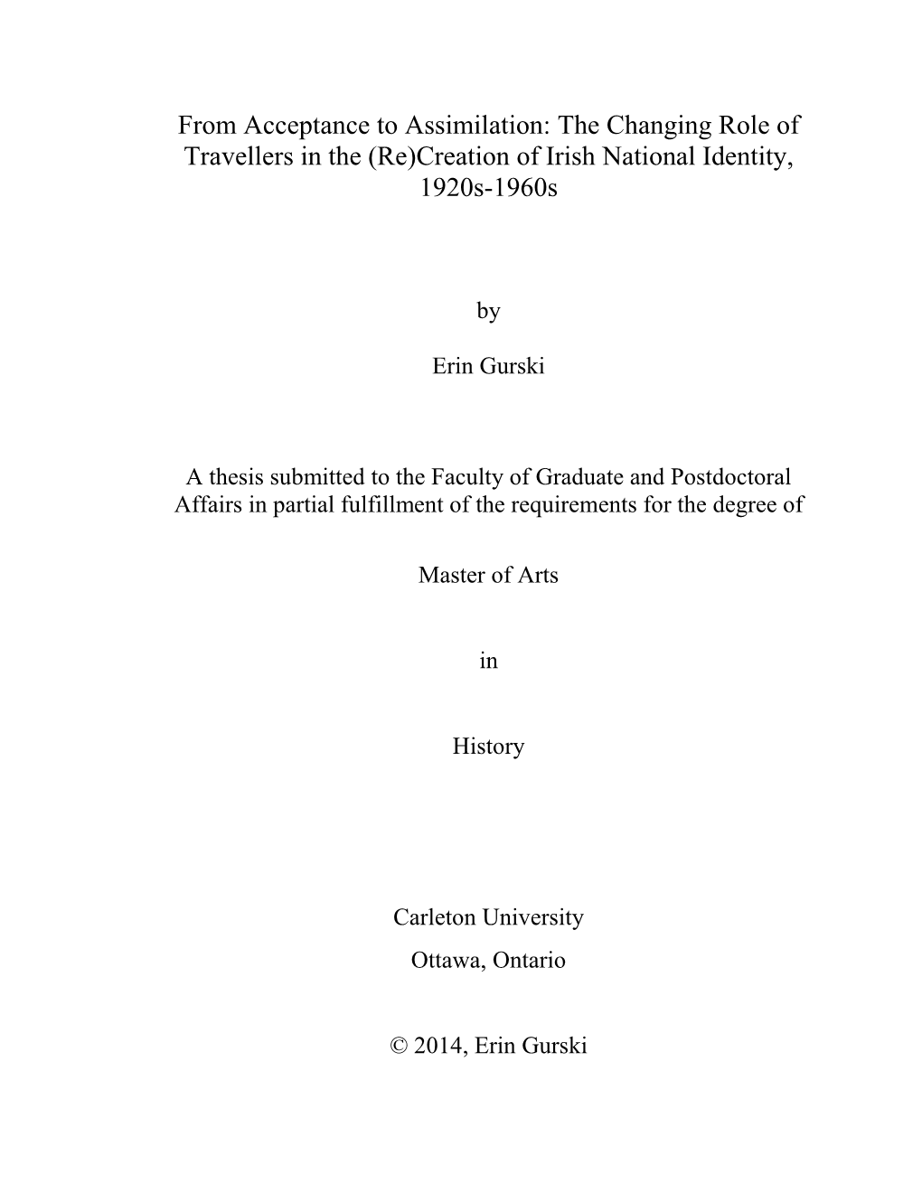 The Changing Role of Travellers in the (Re)Creation of Irish National Identity, 1920S-1960S