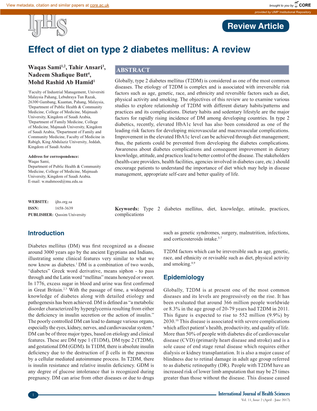 Effect of Diet on Type 2 Diabetes Mellitus: a Review