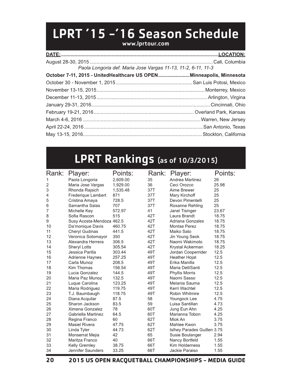 LPRT ’15 -’16 Season Schedule