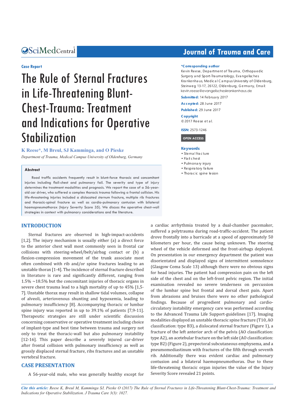 The Rule of Sternal Fractures in Life-Threatening Blunt-Chest-Trauma: Treatment and Indications for Operative Stabilization