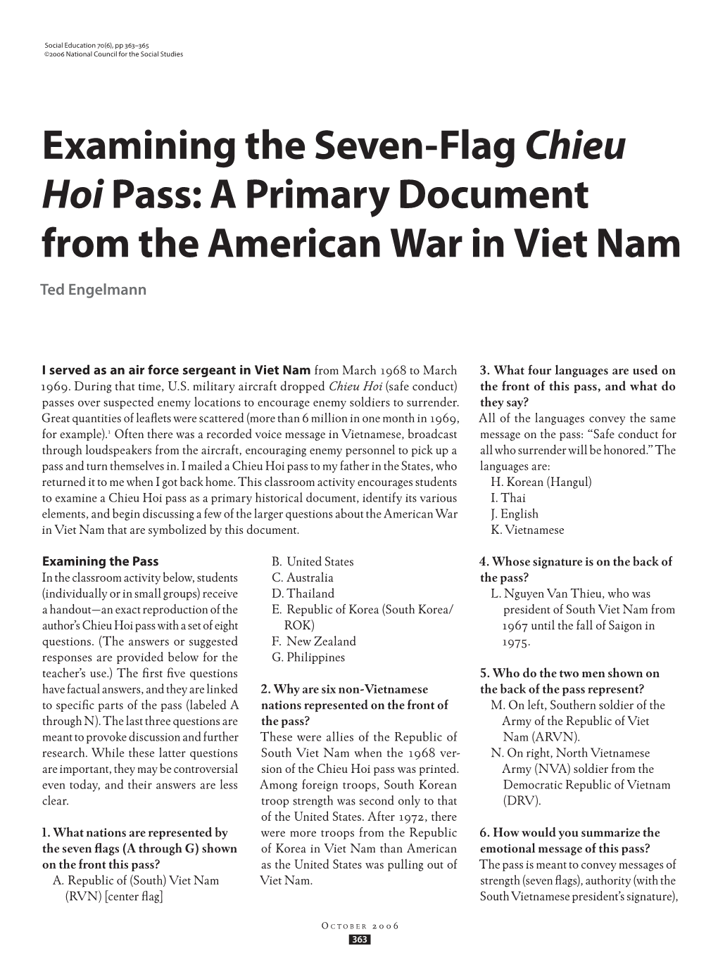 A Primary Document from the American War in Viet Nam Ted Engelmann